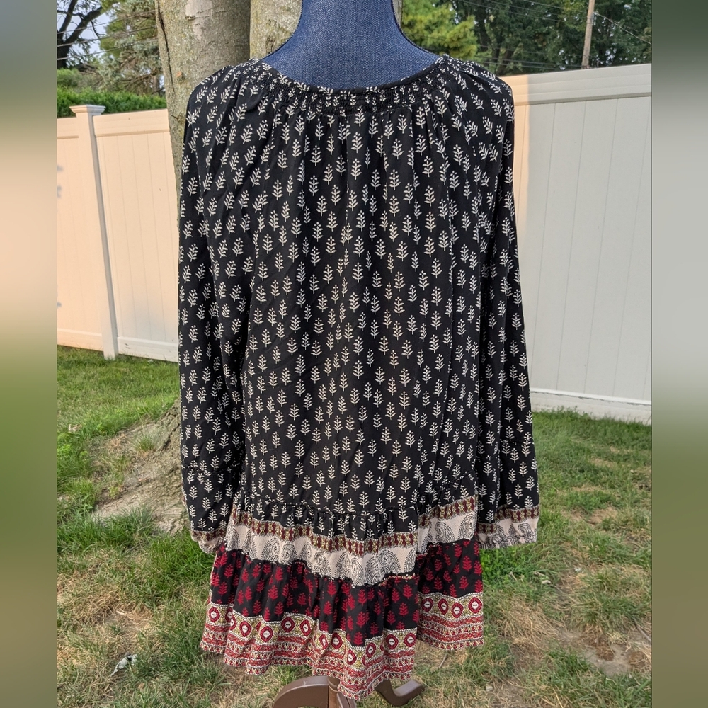 Black Beachlunchlounge Women's Size XL Medallion Long Sleeve Ruffle Tunic Top